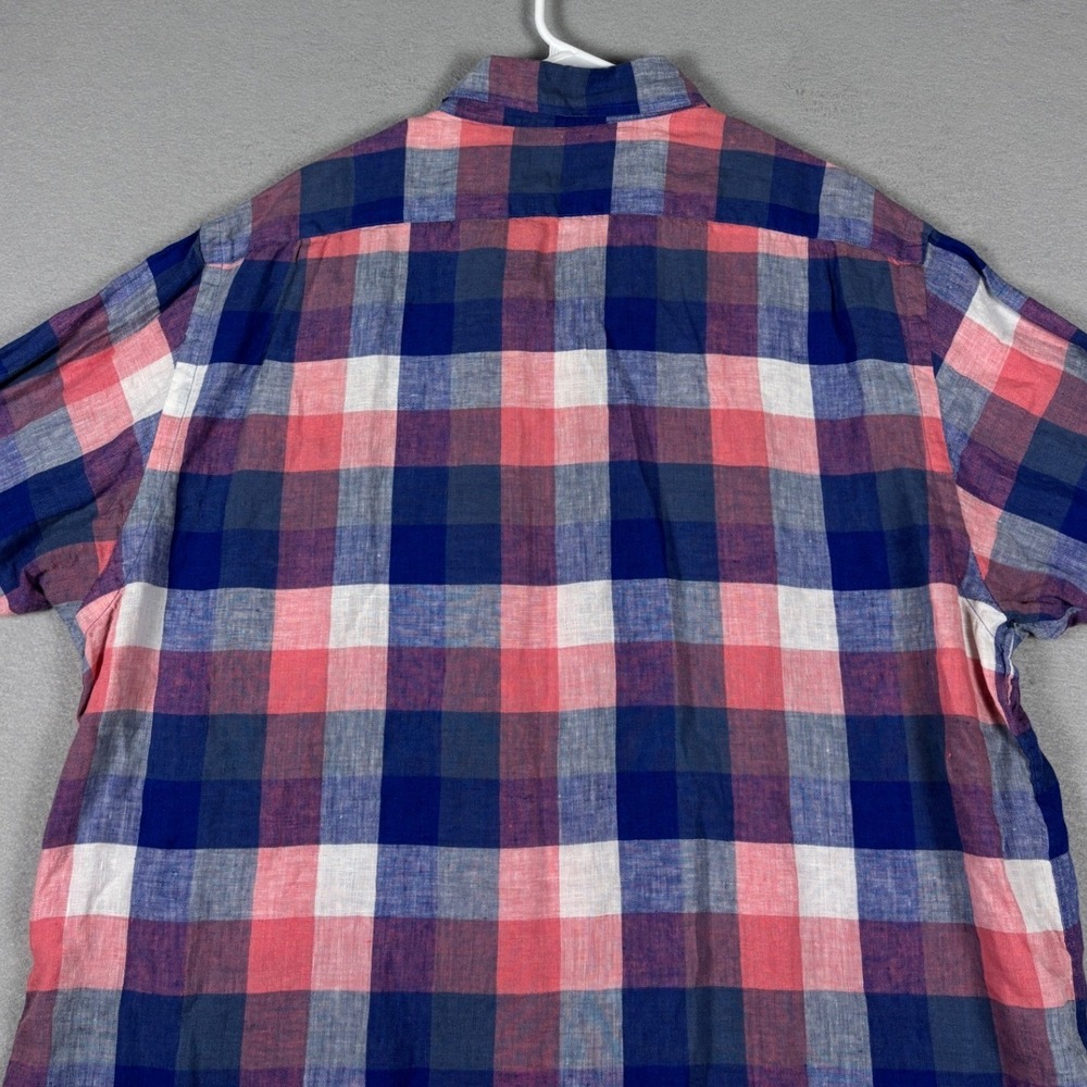Cremieux Linen Short Sleeve Button Down Plaid Shirt XL Pink Blue White - Picture 5 of 9